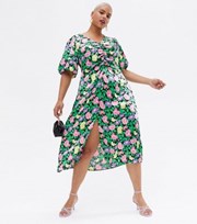 New Look Curves Black Floral Ruched Midi Dress